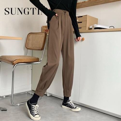 Sungtin Korean High Waist Office Lady Blazer Pants Women Casual Ankle Length Pants Loose Harem Trousers Vintage OL Zipper Split