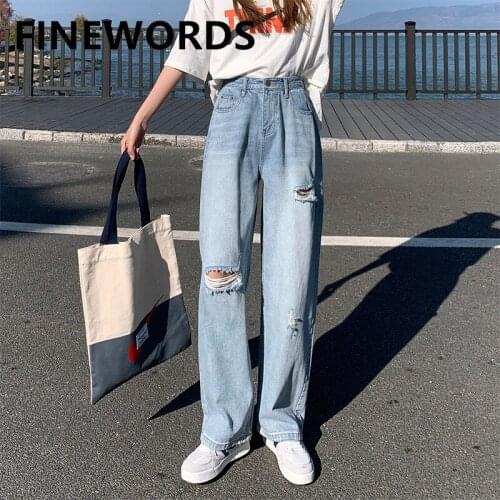 FINEWORDS 2021 Spring Ripped Hole Wide Leg Jeans Women High Waist Loose Plus Size Jeans Full Length Blue Vintage Casual Jeans
