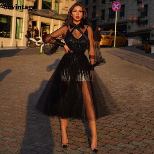 Sevintage Black Long Puff Sleeves Prom Dresses Sequines Tea-Length Evening Gowns A-Line Women Party Dress 2021