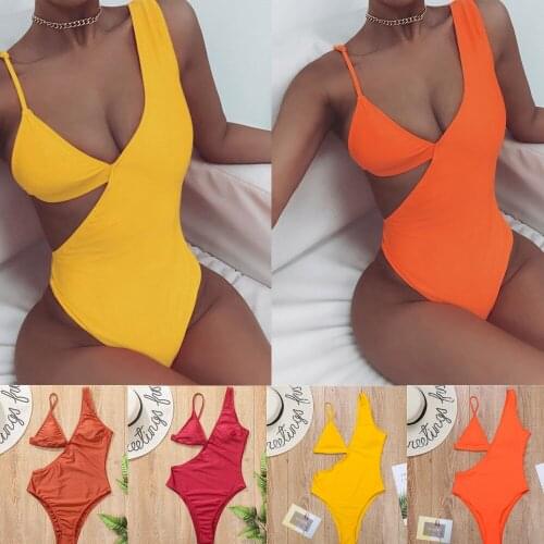 2021 European and American New Style One-piece Solid Color Triangle Cup Sexy Swimsuit Beach Bikini High Waist Fashion Swimwear
