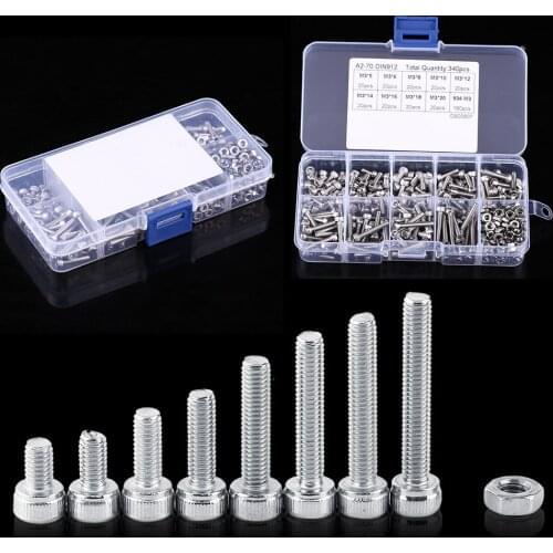 340pcs M3 Stainless Steel SS304 Hex Socket Cap Head Screws and Nuts Assortment 5mm-20mm