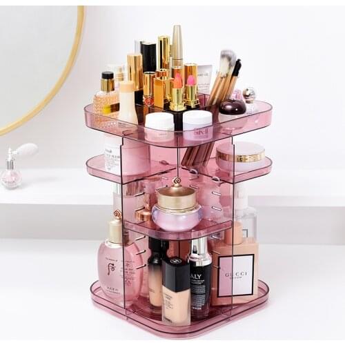 360 Degree Rotating Makeup Organizer Transparent Acrylic Cosmetics Box Adjustable Rotating Stereo Storage Rack Display Stand