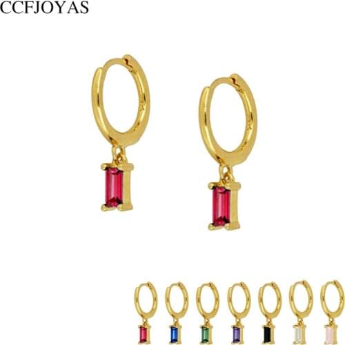 CCFJOYAS 925 Sterling Silver Rectangular Zircon Hoop Earrings White/Purple/Blue/Rose red color Women Earrings Fashion Jewelry