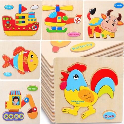 Kids 3D Puzzles Jigsaw Wooden Toys For Children Cartoon Animal Traffic Puzzles Intelligence Children Early Educational Toys