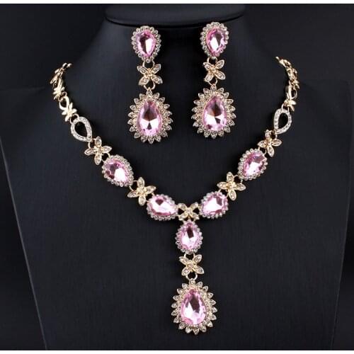 Dubai Bridal Jewelry Set Gold Color Necklace Earrings Set for Women Pink Crystal Jewelry Accessories