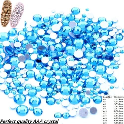 Capri Blue Color Crystal Rhinestones For Nails Art Decoration SS3-SS30 and Mix Size Flatback Glue On Stones DIY Crafts Garments