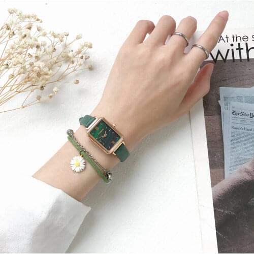 Minimalist Womens Fashion Green Watches 2021 Ulzzang Brand Simple Ladies Leather Wristwatches Rectangle Female Quartz Clock