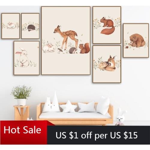Deer Rabbit Squirrel Bear Hedgehog Fox Mouse Wall Art Canvas Painting Nordic Posters Prints Wall Decor Pictures Baby Room Decor