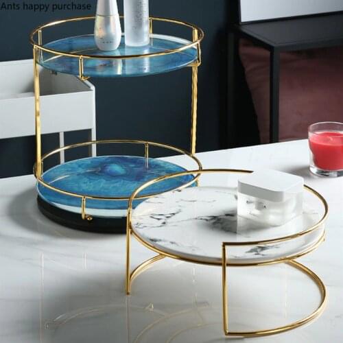 Nordic Dressing Table Cosmetic Storage Rack Rotatable Organizer Metal Marble Ceramics Double Storage Rack Round Storage Tray