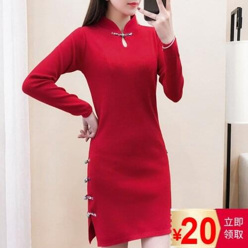 2021 New Sweaters, Spring And Autumn Korean Version of High-collar Pullovers, Long Sleeves, Medium-length Tight Red Cheongsam