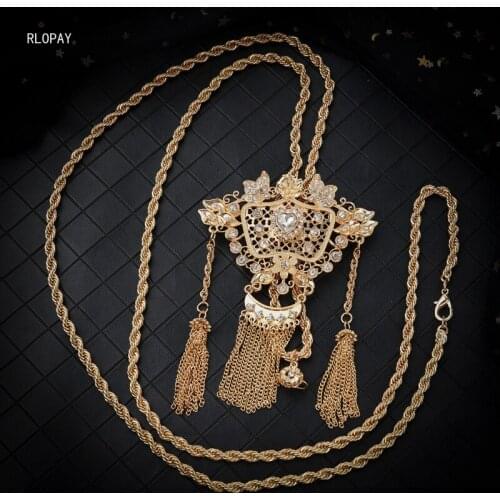 New Algeria Wedding Long Chain Necklace Tassels Women Gold Pendants with Rhinestone Heart Shape Gold Jewelry Pendants