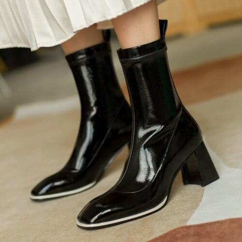 Spring Autumn Slim Stretch Ladies Mid Calf Boots Fashion Color Matching Slip On Short Boots Winter Square High-Heel Women Shoes