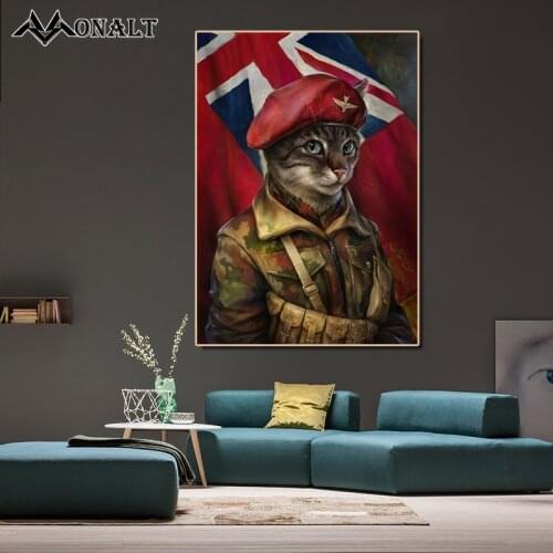 Officer Soldier Cat Military Uniform Uk Flag Canvas Painting Abstract Art print Animal Wall Vintage Posters Anime Cuadros Decor