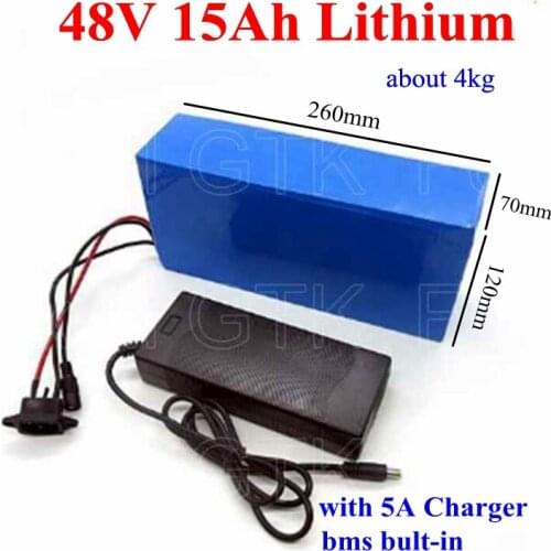 Rechargeable 48v 15ah lithium Li ion battery with 30A for 1500W 1000W 48V electric bike scooter mortorbike battery +5A Charger
