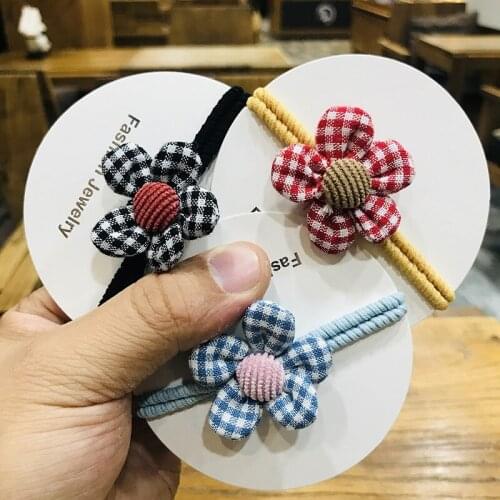 Korean Style Simple Design Plaid Fabric Sunflowers Hair Band High Elastic Hair Rope Hot Sellig Hair Rings Baby Girls Headpiece