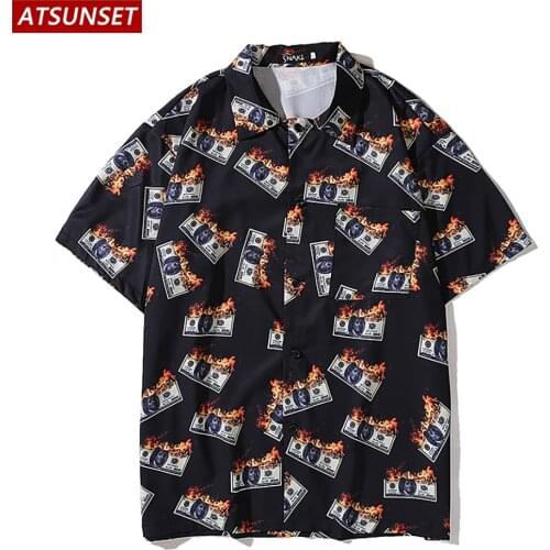 ATSUNSET Burning Dollar Print Shirt Hawaiian Streetwear Harajuku Shirt Short Sleeve Cotton Fashion Tops