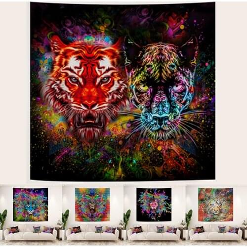 Modern art style cartoon animals Watercolor painted lion tiger Tapestry High-end Linen Tablecloth and tapestry dual purpose