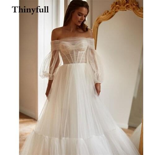Thinyfull Long Sleeves A Line Strapless Beach Simple Wedding Dresses Beaded Princess Beach Bridal Gowns Wedding Party Dress