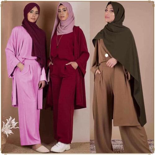 There Piece Muslim Sets Women Turkey Muslim Abaya Caftan Moroccan Hijab 3 Piece Set Islam European Clothing Musulman Ensembles