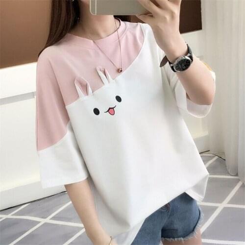 Korean Clothes Girl Kawaii T-shirts Loose Women Cute Tops T Shirt White Pink O-neck Fashion Tshirt Summer 2021 New Casual Top