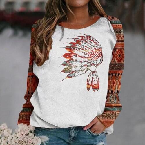 Women Sweatshirt Folk Design Indian Print Graphic Pullover Raglan Long Sleeve Autumn Winter Crewneck Thermal Hoodie Tops Moletom