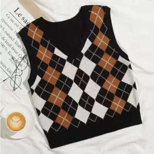 Knitted vest 2021 spring and autumn new style rhombus sweater sleeveless V-neck short sleeved color-blocking blouse women