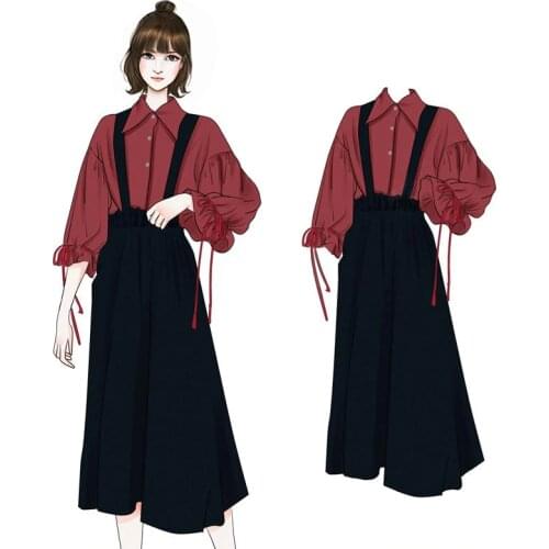 2020 Fashion Spring Summer Women Lantern Sleeve Single Button Casual Blouse Shirt+ Pleated A-Line Straps Dress 2 Pieces Sets J96
