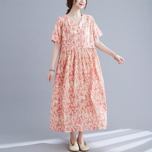 Soft Cotton Women Short Sleeve V -Neck Print Single-Breasted Slim Waist Female Holiday Pockets Dreess Vestidos