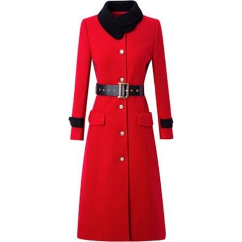 Woolen solid 2021 dress women autumn and winter new Hepburn contrast small Lapel single breasted woolen dress with belt plus 3XL