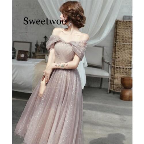 Dress Elegant Boat Neck Women Party Dresses Off Shoulde Plus Size Shining Tea Length Robe De Soiree