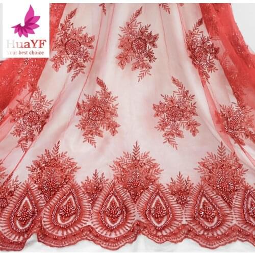 2021 Heavy Red HandMade Beaded Mesh Lace With Sequins Mesh Fabrics For Party Dress HY1639-2