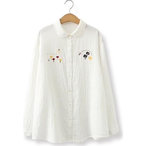 2147 Simple Embroidery Floral Women White Shirts Pure Cotton Fresh Style Sweet Gril Casual Loose Beach Daily Female Thin Coats