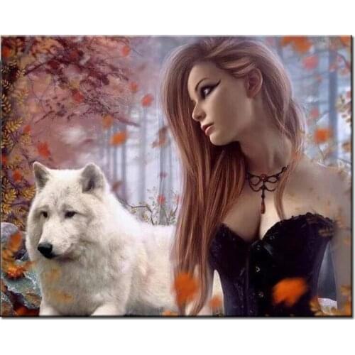 New Diamond Painting woman and wolf Full Square Round Diamond Embroidery Animals Mozaik puzzle Pictures Of Rhinestone