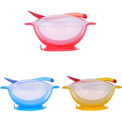 Baby Infants feeding Bowl With Sucker and Temperature Sensing Spoon Suction Cup Bowl Slip-resistant Tableware Set