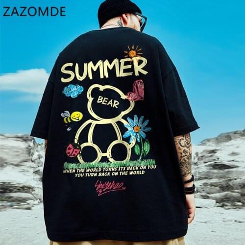 ZAZOMDE Hip Hop TShirt Men 2021 Streetwear Oversized Graffiti Tshirt Harajuku Summer Short Sleeve T-Shirt Cotton Little bear Top