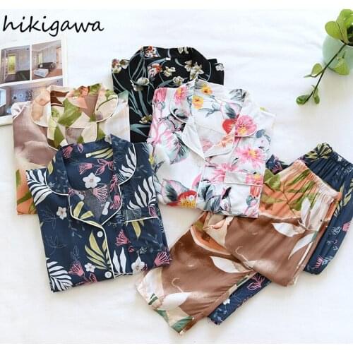 Hikigawa Two Piece Set Summer Pajamas for Women Long Sleeve Floral Trousers Suit Female Home Clothing 2021 Pajamas De Mujer
