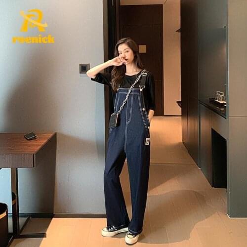 ROENICK Women Concise Fashion Denim Jumpsuits Summer Thin Loose Wide-Leg Overalls Pants Elegance Dark Blue One-Piece Outfits