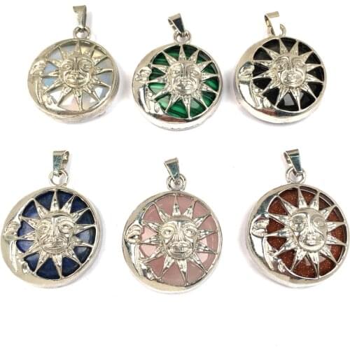 Natural Stones Round Pendant Amulets Plated Sun God Pendants For Jewelry Making DIY Reiki Necklaces Accessories