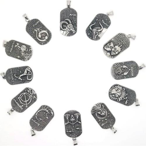 Unisex 316L Stainless Steel Cool ZODIAC Vintage Silver-Color Black Stone Pendant Free Chain