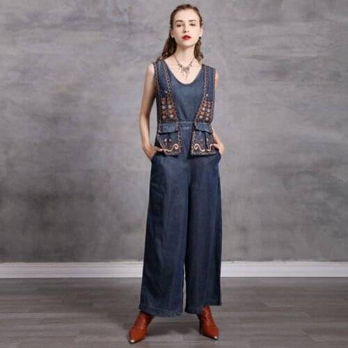 Summer Adult Womens Dark Blue Costume Deep Collar Embroidery Tighten Waist Sleeveless Loose Jeanswear Jumpsuit Denim Slacks