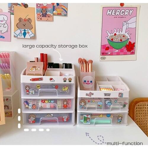 Cute Cartoon Plastic Drawer Desktop Storage Box Creative Large Capacity 2/3/4 Layer Dustproof Stationery Jewelry Organizer Box