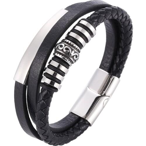 New Stainless Steel Black Multilayer Leather Bracelet for Men Magnetic Clasp Punk Vintage Male Braided Wristband Jewelry SP1086
