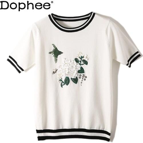 2021 Spring New Embroidered Flower Tee Bird Handmade Beaded Ice Silk Top Round Neck Knitted Tshirt Bottoming T-shirt for Women