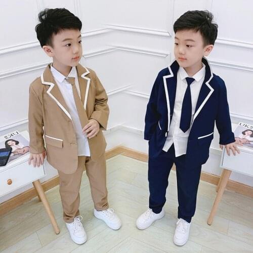 Boys Preppy Style Jacket+Pants+Tie 3Pcs Clothing Set Korea Gentle Kids Formal Wedding Suit Children School Uniforms Party Dress