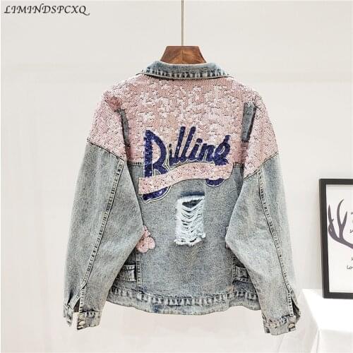 Autumn 2020 New Denim Women Jacket Spring Vintage Sequins Pink Shiny Loose Coat Long Sleeve Outerwear Female Jeans Jacket Veste