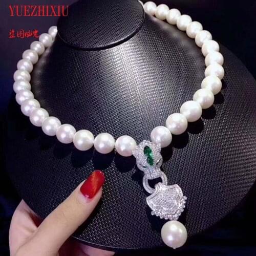 Hot sell new styles 12-13mm natural KESHI REBORN PEARL white freshwater pearl necklace Leopard head clasp zircon pendant