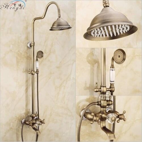 Bathroom Retro antique copper Brass Bathtub Shower Set Wall Mounted 8" Rainfall Shower Mixer Tap Faucet 3-functions Mixer Valve