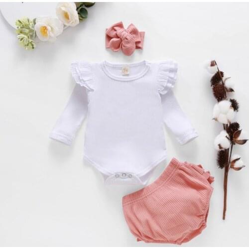 Autumn Baby Long Sleeve Flying Sleeve One-piece Cotton Clothes Set Romper + Briefs + Headband Cute Three-piece Set