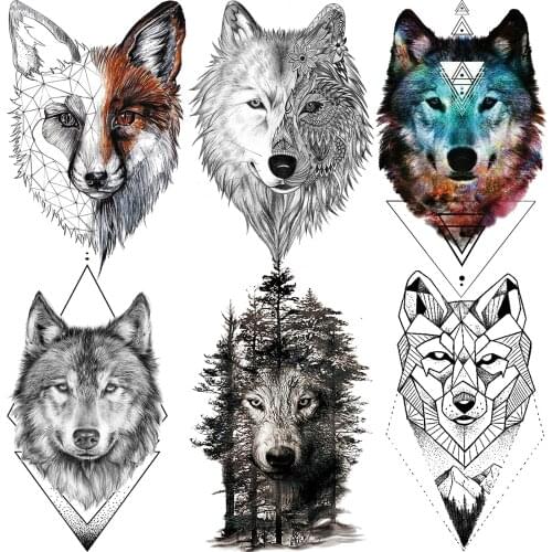 Unique Design Wolf Temporary Tattoos For Men Women Boys Geometric Fake Henna Forest Space Coyote Tattoos 3D Line Painting Art
