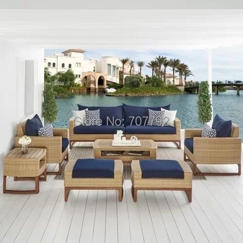 High end outdoor sectional sofas teak frame patio garden furniture rattan wicker sofa sets
